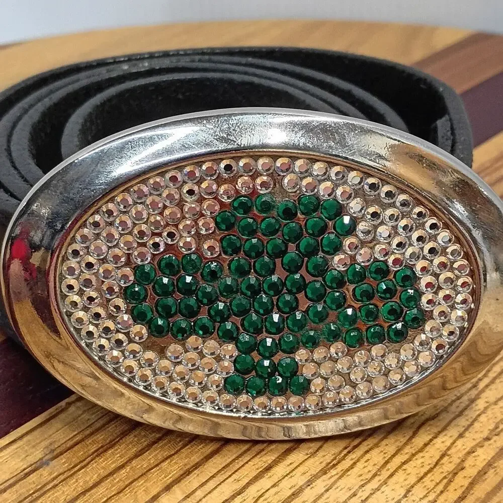 Rhinestone Shamrock Buckle Silver Creek Genuine Leather Belt Mens 36 Black USA